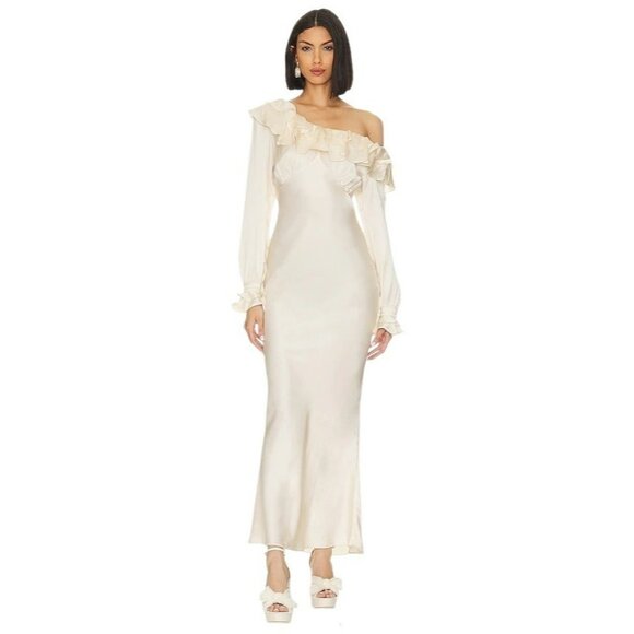 Stone Cold Fox X Revolve Vicious Slip Dress Ivory Silk Ruffled NWT Satin Viral L - Picture 5 of 16